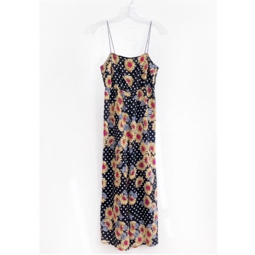 ASOS jumpsuit black white sunflowers polka dots wide leg empire waist
